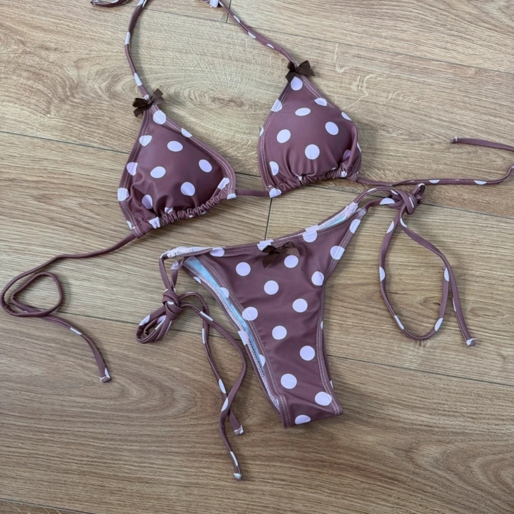 Mauve Polka Dot Triangle String Bikini